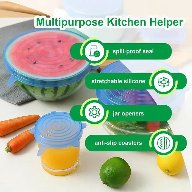 Alt view image 3 of 6 - Silicone Stretch Lids 6 Pack Reusable Food Covers,Flexible Silicone for Bowls, Containers, Fruits Airtight & Leakproof Seal for Kitchen Storage(blue)