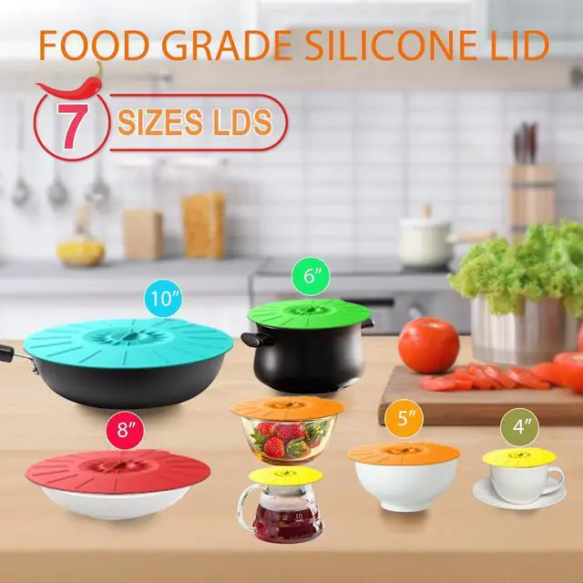 Alt view image 6 of 7 - 7 Pack Silicone Lids Microwave Splatter Cover, 5 Sizes Reusable Heat Resistant Suction Lids for Bowls Plates Pots Pans Oven Fridge, BPA Free, Ideal Mother's Gift
