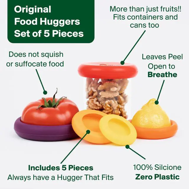 Alt view image 6 of 7 - 5pc Reusable Silicone Food Savers | BPA Free | Plastic Free Food Storage | Dishwasher Safe | Fruit & Vegetable Storage for Onion, Tomato, Lemon, Banana & Cans | Round, Autumn Harvest