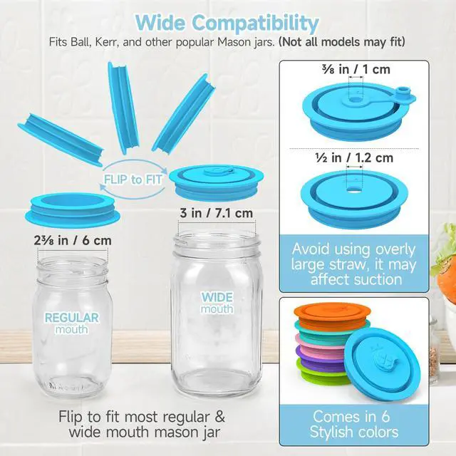 Alt view image 3 of 7 - Mason Jar Lids with Straw Hole Fit Ball, Kerr, Mainstays, 6 Pack