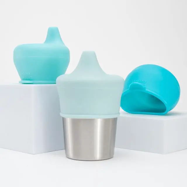 Alt view image 2 of 6 - Silicone Sippy Cup Lids - Spill Proof, Fits Any Cup, BPA-Free, Durable & Soft for Babies & Toddlers, Quick to Attach - 3 Pack Silicone Lids for Cups (Steel Blue, Pool, Ice Blue)
