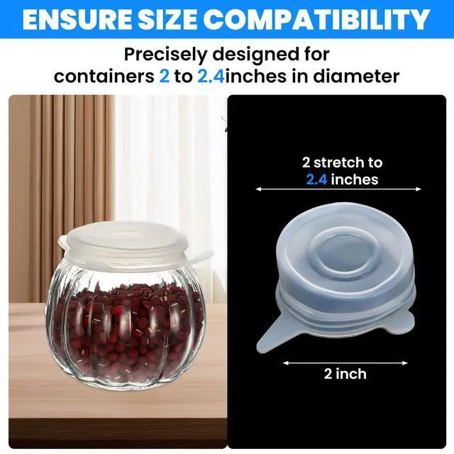 Alt view image 2 of 7 - Extra Small Silicone Stretch Lids 2 Inch, 8 Pack Cruet Lid Reusable, Food Grade Elastic Bottle Caps for Yogurt Jars, Milk Bottles, Cans Lids Small, Dishwasher and Freezer Safe, Clear