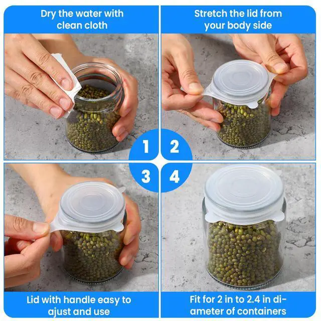 Alt view image 6 of 7 - Extra Small Silicone Stretch Lids 2 Inch, 8 Pack Cruet Lid Reusable, Food Grade Elastic Bottle Caps for Yogurt Jars, Milk Bottles, Cans Lids Small, Dishwasher and Freezer Safe, Clear