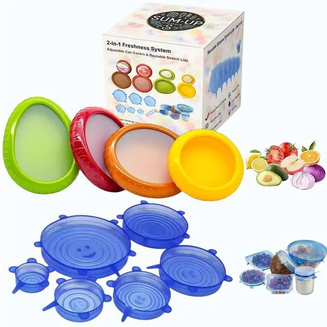 Main image of 2-in-1 Produce Saver Containers with Silicone Stretch Lids (4 Containers + 6 Lids) Avocado, Onion, Lemon, Tomato Keeper, Anti-Oxidation Food Storage, Airtight Leakproof Lids for Fridge Organizer