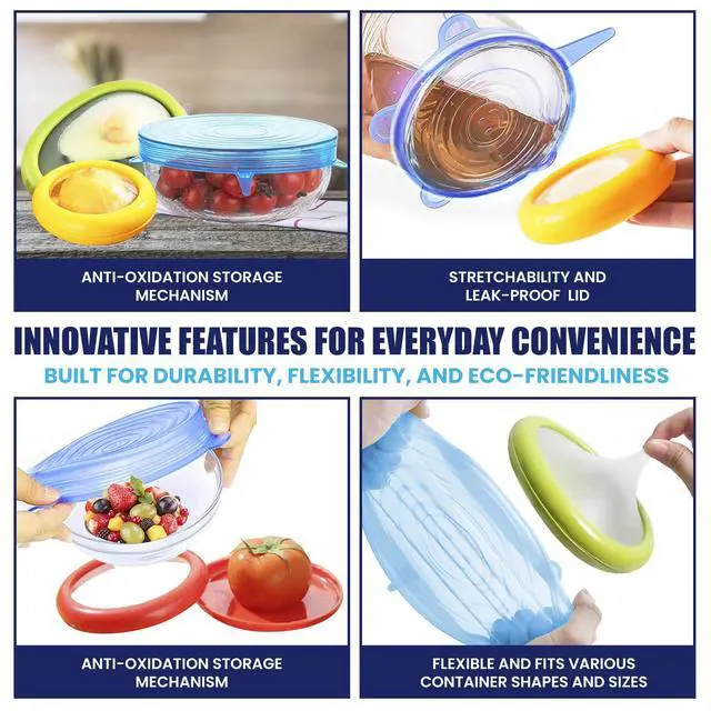 Alt view image 4 of 7 - 2-in-1 Produce Saver Containers with Silicone Stretch Lids (4 Containers + 6 Lids) Avocado, Onion, Lemon, Tomato Keeper, Anti-Oxidation Food Storage, Airtight Leakproof Lids for Fridge Organizer