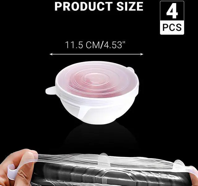 Alt view image 3 of 7 - 4 Pack 4.5in Reusable Silicone Stretch Lids, Silicone Bowl Covers for Food Storage, Universal Stretchable Lids for Containers Produce, Elastic Expandable Seal Cover, Microwave Freezer Safe