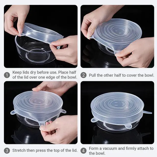 Alt view image 6 of 7 - 4 Pack 4.5in Reusable Silicone Stretch Lids, Silicone Bowl Covers for Food Storage, Universal Stretchable Lids for Containers Produce, Elastic Expandable Seal Cover, Microwave Freezer Safe
