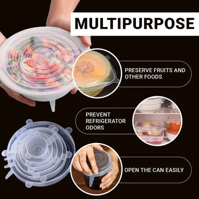 Alt view image 7 of 7 - 4 Pack 4.5in Reusable Silicone Stretch Lids, Silicone Bowl Covers for Food Storage, Universal Stretchable Lids for Containers Produce, Elastic Expandable Seal Cover, Microwave Freezer Safe