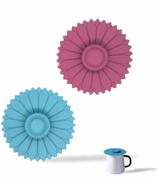 Main image of Sunflower Silicone Cup Lids, 4.1 Inch Reusable Drink Covers with Dust Resistance, Food Grade Flexible Seal Lids for Coffee and Tea, Blue and Purple, 2 Pack