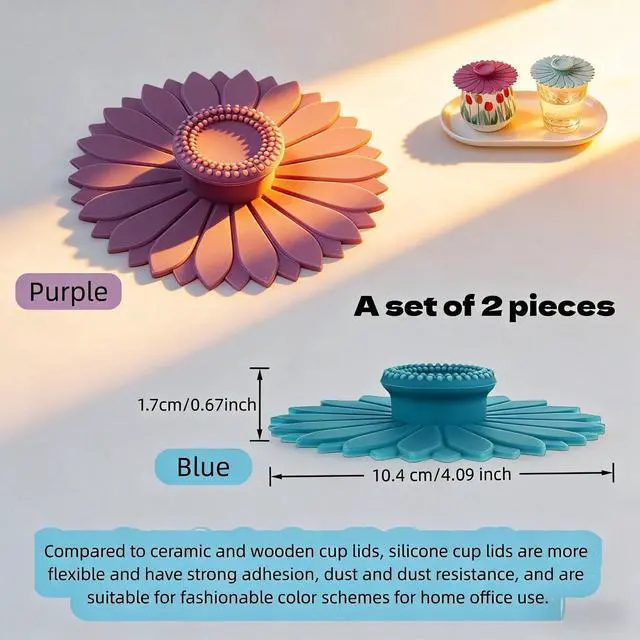 Alt view image 2 of 7 - Sunflower Silicone Cup Lids, 4.1 Inch Reusable Drink Covers with Dust Resistance, Food Grade Flexible Seal Lids for Coffee and Tea, Blue and Purple, 2 Pack