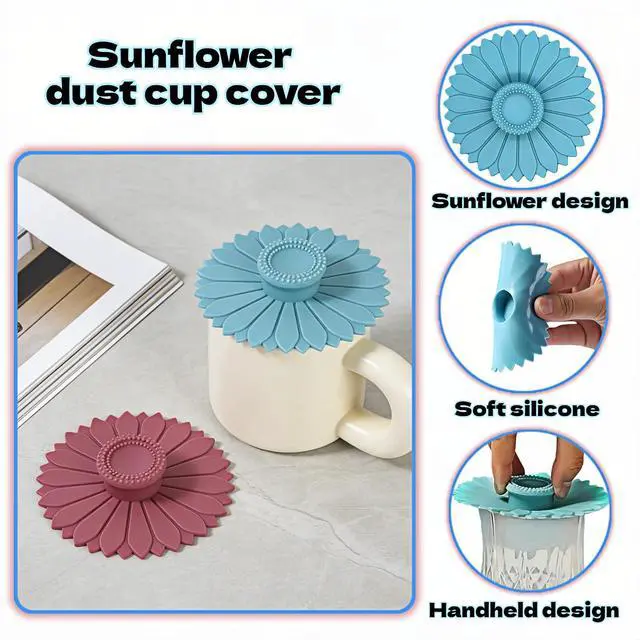 Alt view image 4 of 7 - Sunflower Silicone Cup Lids, 4.1 Inch Reusable Drink Covers with Dust Resistance, Food Grade Flexible Seal Lids for Coffee and Tea, Blue and Purple, 2 Pack