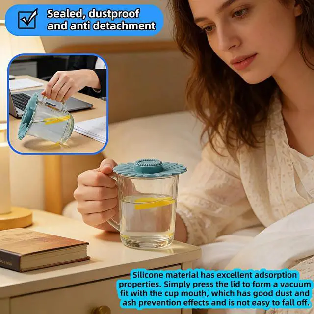 Alt view image 5 of 7 - Sunflower Silicone Cup Lids, 4.1 Inch Reusable Drink Covers with Dust Resistance, Food Grade Flexible Seal Lids for Coffee and Tea, Blue and Purple, 2 Pack