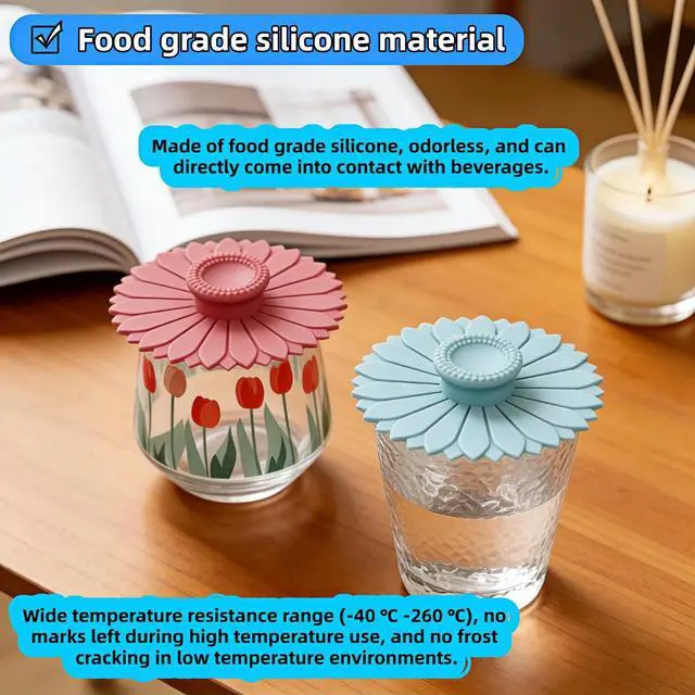 Alt view image 3 of 7 - Sunflower Silicone Cup Lids, 4.1 Inch Reusable Drink Covers with Dust Resistance, Food Grade Flexible Seal Lids for Coffee and Tea, Blue and Purple, 2 Pack