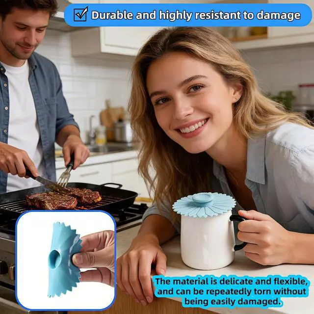 Alt view image 6 of 7 - Sunflower Silicone Cup Lids, 4.1 Inch Reusable Drink Covers with Dust Resistance, Food Grade Flexible Seal Lids for Coffee and Tea, Blue and Purple, 2 Pack