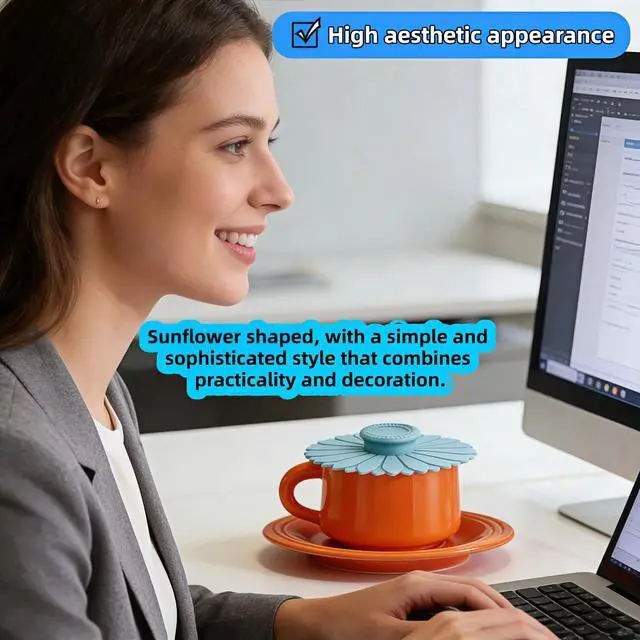 Alt view image 7 of 7 - Sunflower Silicone Cup Lids, 4.1 Inch Reusable Drink Covers with Dust Resistance, Food Grade Flexible Seal Lids for Coffee and Tea, Blue and Purple, 2 Pack