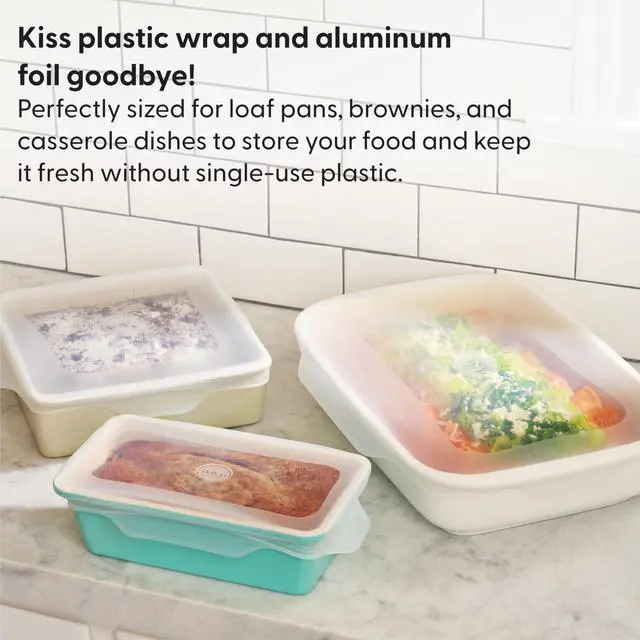 Alt view image 2 of 7 - Reusable Silicone Stretch Lid, Set of 3 Casserole (9x13), Brownie (8x8), Loaf (5 x 9), Dishwasher Safe, Freezer Safe, LFGB/Premium Materials, Microwave Safe, Clear