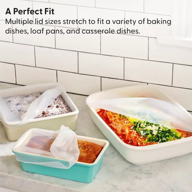 Alt view image 5 of 7 - Reusable Silicone Stretch Lid, Set of 3 Casserole (9x13), Brownie (8x8), Loaf (5 x 9), Dishwasher Safe, Freezer Safe, LFGB/Premium Materials, Microwave Safe, Clear