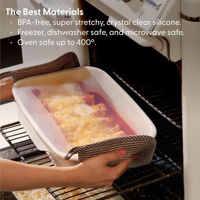 Alt view image 3 of 7 - Reusable Silicone Stretch Lid, Set of 3 Casserole (9x13), Brownie (8x8), Loaf (5 x 9), Dishwasher Safe, Freezer Safe, LFGB/Premium Materials, Microwave Safe, Clear