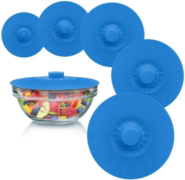Main image of Silicone Bowl Lids Blue Set of 5 Reusable Suction Seal Covers for Bowls, Pots, Cups. Food Safe. Natural grip, interlocking handles for easy use and storage.
