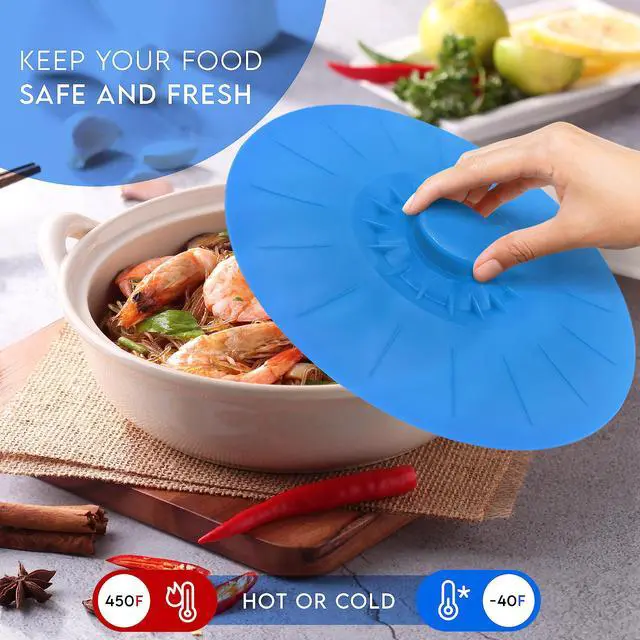 Alt view image 2 of 7 - Silicone Bowl Lids Blue Set of 5 Reusable Suction Seal Covers for Bowls, Pots, Cups. Food Safe. Natural grip, interlocking handles for easy use and storage.