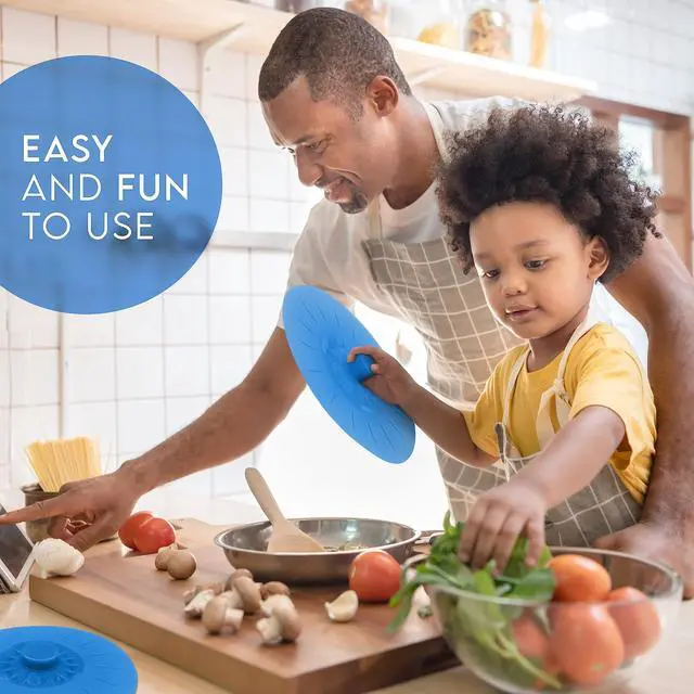 Alt view image 4 of 7 - Silicone Bowl Lids Blue Set of 5 Reusable Suction Seal Covers for Bowls, Pots, Cups. Food Safe. Natural grip, interlocking handles for easy use and storage.