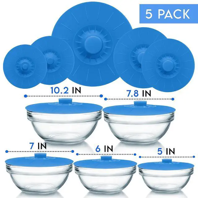 Alt view image 6 of 7 - Silicone Bowl Lids Blue Set of 5 Reusable Suction Seal Covers for Bowls, Pots, Cups. Food Safe. Natural grip, interlocking handles for easy use and storage.