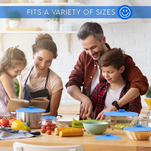 Alt view image 5 of 7 - Silicone Bowl Lids Blue Set of 5 Reusable Suction Seal Covers for Bowls, Pots, Cups. Food Safe. Natural grip, interlocking handles for easy use and storage.
