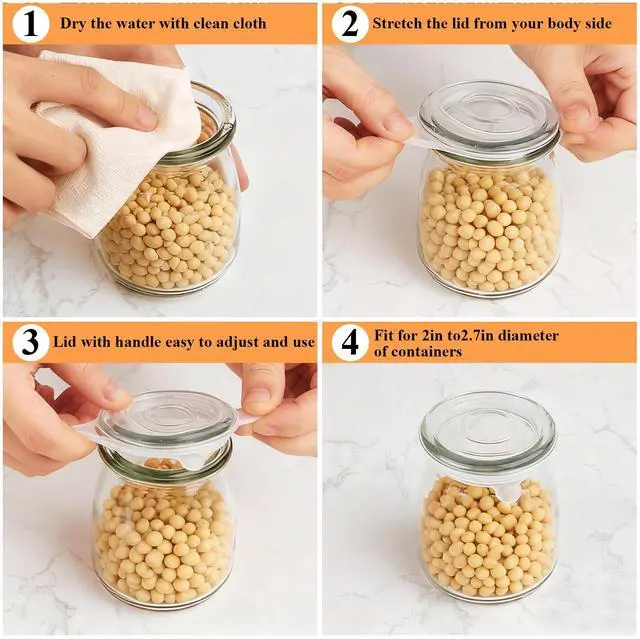 Alt view image 4 of 7 - 50PCS Small Silicone Stretch Lids 2 Inch Reusable Silicone Jar Cover lids to Fit 2 Inch to 2.7 Inch Expandable Food Storage Covers for Milk Bottles, Yogurt Jars, Cans Lids Small