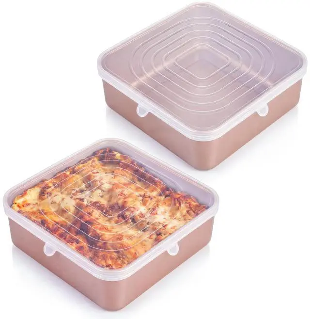 Main image of 2 Pcs 9x9 Inch Silicone Bakeware Lids, Reusable Safe Storage Lids Square Replacement Cover Stretchable for Baking Dishes, Casserole Dishes, Cake Pan, Freezer, Microwave Safe Food Cover