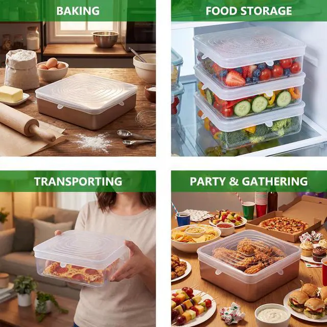 Alt view image 6 of 6 - 2 Pcs 9x9 Inch Silicone Bakeware Lids, Reusable Safe Storage Lids Square Replacement Cover Stretchable for Baking Dishes, Casserole Dishes, Cake Pan, Freezer, Microwave Safe Food Cover