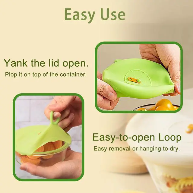 Alt view image 5 of 7 - Silicone Stretch Lids for Food Storage, Reusable Stretch and Seal Lids with Easy-open Pull Tab and Day Indicator, 6 Pcs Silicone Dustproof and Fresh-keeping Covers Set for Cups/Cans/Jars/Bowls
