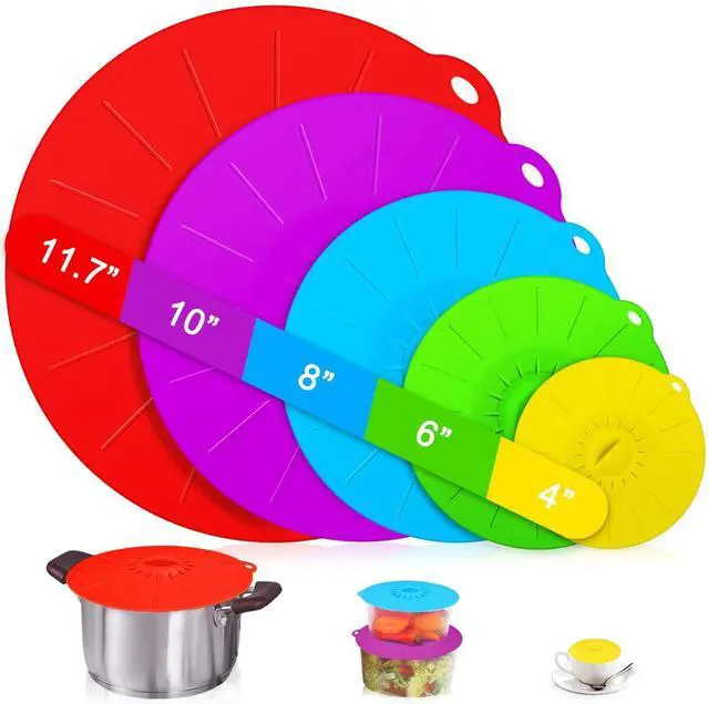 Main image of Silicone lids - 5 Pack Heat Resistant Microwave Splatter Cover, Reusable silicone Suction lids for food storage Fits Bowls, Cups, Skillets, Plates, Pots, Pans StoveTop, Oven, Fridge Safe