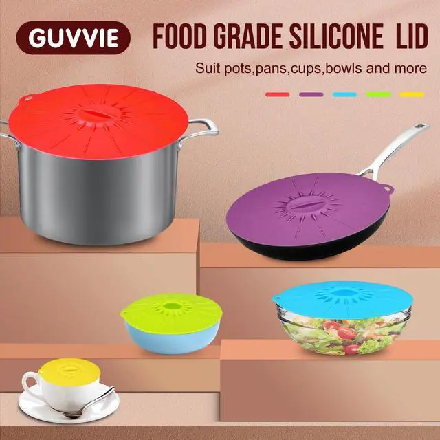 Alt view image 2 of 6 - Silicone lids - 5 Pack Heat Resistant Microwave Splatter Cover, Reusable silicone Suction lids for food storage Fits Bowls, Cups, Skillets, Plates, Pots, Pans StoveTop, Oven, Fridge Safe
