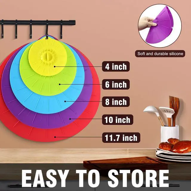 Alt view image 5 of 6 - Silicone lids - 5 Pack Heat Resistant Microwave Splatter Cover, Reusable silicone Suction lids for food storage Fits Bowls, Cups, Skillets, Plates, Pots, Pans StoveTop, Oven, Fridge Safe
