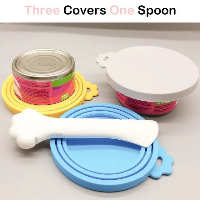Alt view image 2 of 7 - Cat Food Can Covers Lids & White Spoon, Pink/Orange/Sky Blue Lids, Can Covers for Dog/Cat Food Cans, Fit 3 Standard Size Pet Food Cans, Spoon with Opener Paw & Mini Spatula