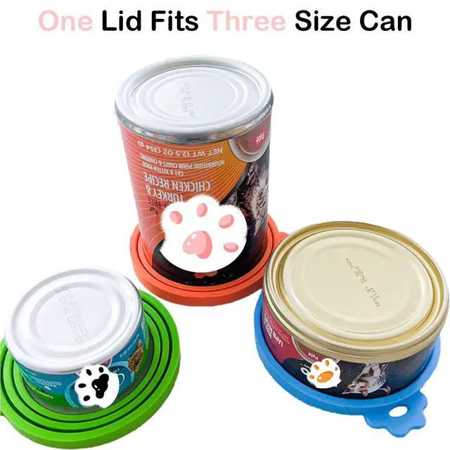 Alt view image 3 of 7 - Cat Food Can Covers Lids & White Spoon, Pink/Orange/Sky Blue Lids, Can Covers for Dog/Cat Food Cans, Fit 3 Standard Size Pet Food Cans, Spoon with Opener Paw & Mini Spatula