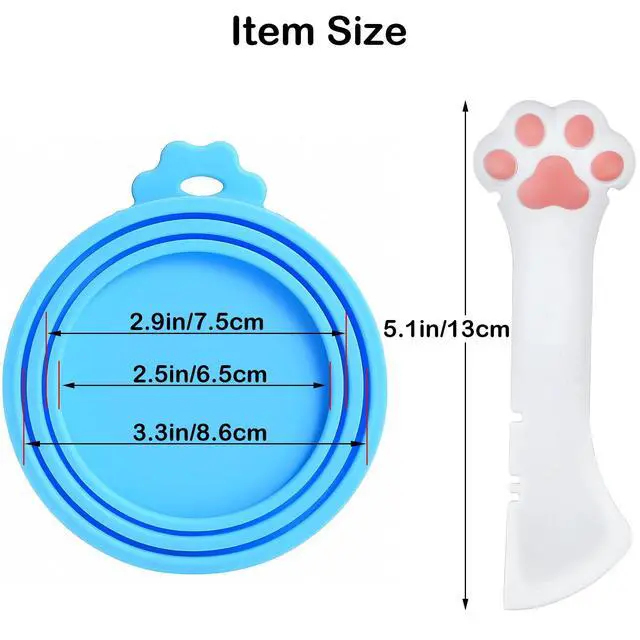 Alt view image 7 of 7 - Cat Food Can Covers Lids & White Spoon, Pink/Orange/Sky Blue Lids, Can Covers for Dog/Cat Food Cans, Fit 3 Standard Size Pet Food Cans, Spoon with Opener Paw & Mini Spatula