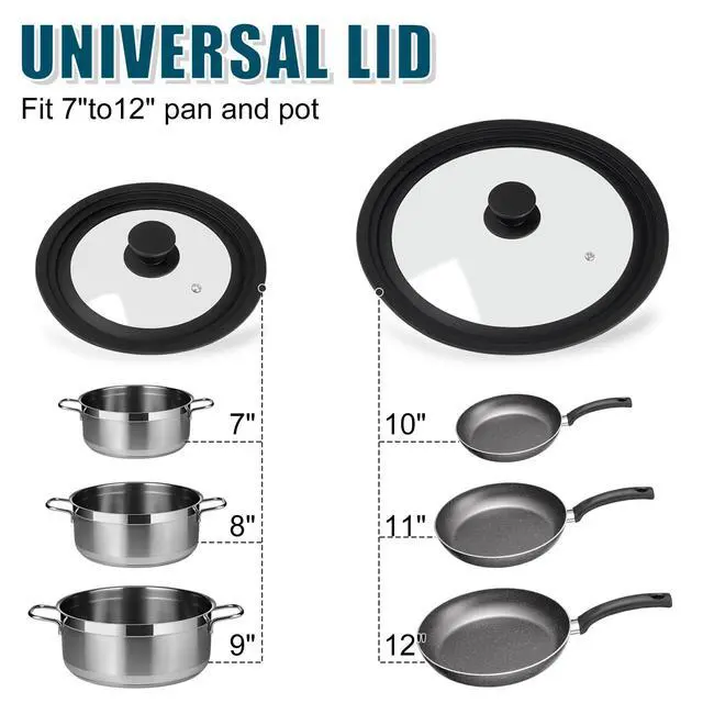 Alt view image 2 of 7 - Universal Lid for Pots Pans and Skillets, 2 Pack Pan Cover fit 7", 8" 9" & 10", 11", 12" Diameter Cookware, Silicone Replacement Pan Lid Pot Lids for Frying Pans, Cast Iron,Tempered Glass Lid