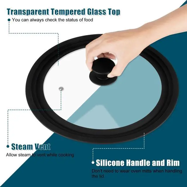 Alt view image 3 of 7 - Universal Lid for Pots Pans and Skillets, 2 Pack Pan Cover fit 7", 8" 9" & 10", 11", 12" Diameter Cookware, Silicone Replacement Pan Lid Pot Lids for Frying Pans, Cast Iron,Tempered Glass Lid