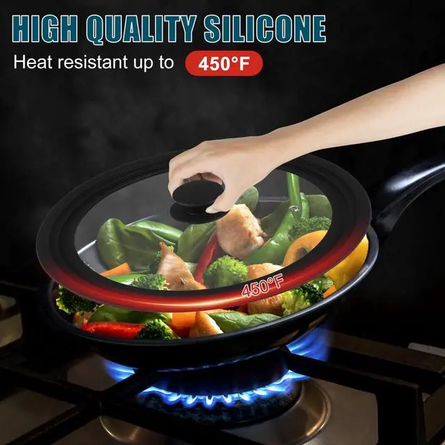 Alt view image 4 of 7 - Universal Lid for Pots Pans and Skillets, 2 Pack Pan Cover fit 7", 8" 9" & 10", 11", 12" Diameter Cookware, Silicone Replacement Pan Lid Pot Lids for Frying Pans, Cast Iron,Tempered Glass Lid