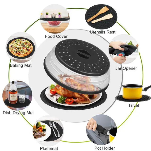 Alt view image 7 of 7 - Microwave food Cover & Mat,Large Vented Collapsible Splatter Guard dish Plate lid & Silicone Round Kitchen mat