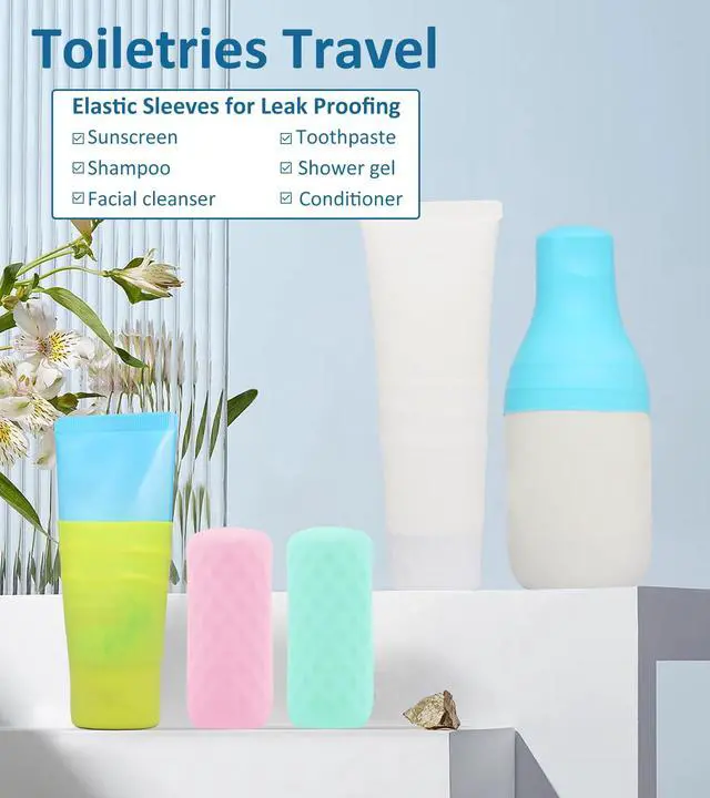 Alt view image 4 of 7 - Pack Travel Essentials Accessories Silicone Bottle Covers, Cruise Essentials, Beach Vacation Essentials for Women Men, Elastic Sleeves for Leak Proofing, Fit Travel Size Bottles Toiletries