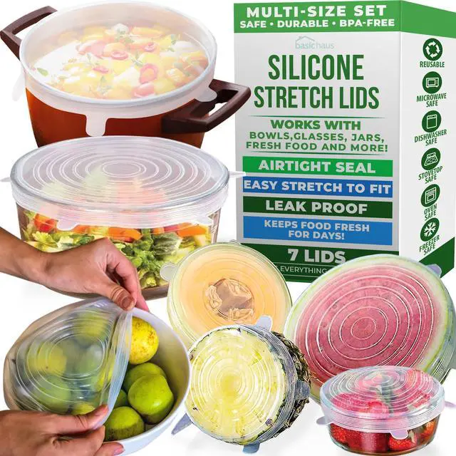 Main image of Reusable Silicone Stretch Lids for Food Storage in Fridge - Elastic Heat-Resistant Bowl Covers, Cups, Cans, Jars - Universal Food Grade Lid for Round and Rectangle Containers - Dishwasher Safe -7 Pack