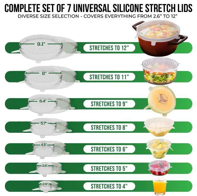 Alt view image 2 of 7 - Reusable Silicone Stretch Lids for Food Storage in Fridge - Elastic Heat-Resistant Bowl Covers, Cups, Cans, Jars - Universal Food Grade Lid for Round and Rectangle Containers - Dishwasher Safe -7 Pack