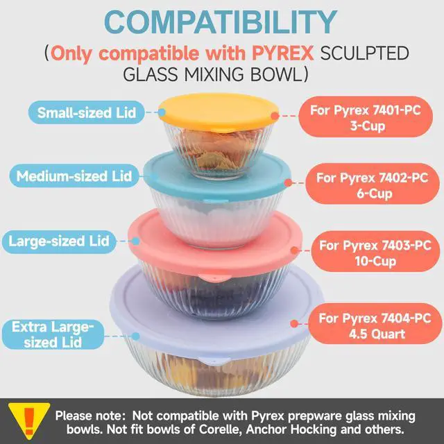 Alt view image 2 of 7 - 2 Pack Silicone Replacement Lids Only Fit for Pyrex 7401-S 3-Cup Sculpted Glass Mixing Bowls, Small Size Silicone Covers, Dishwasher & Microwave Safe