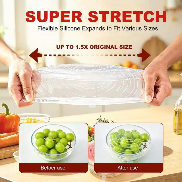 Alt view image 2 of 7 - Reusable Silicone Stretch Fresh-Keeping Lids, 6 Sizes 2.6/3.6/4.4/5.5/6.3/7.5 Inches Food Storage Covers, Fit Cup, Bowl, Plate, Fruit and Glass Bowl to Keep Food Fresh