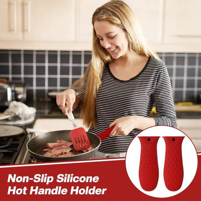 Alt view image 6 of 7 - pcs Silicone Handle Cover for Cast Iron Skillet Kitchen Silicone Handles for Pots and Pans Non-Slip Pot Holder Sleeve for Fry Pan Griddles Metal Aluminum Cookware(Red)