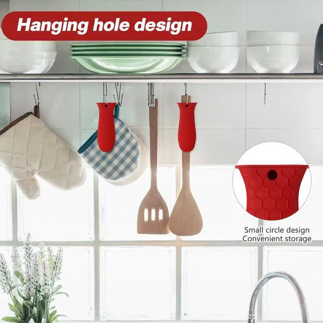 Alt view image 7 of 7 - pcs Silicone Handle Cover for Cast Iron Skillet Kitchen Silicone Handles for Pots and Pans Non-Slip Pot Holder Sleeve for Fry Pan Griddles Metal Aluminum Cookware(Red)