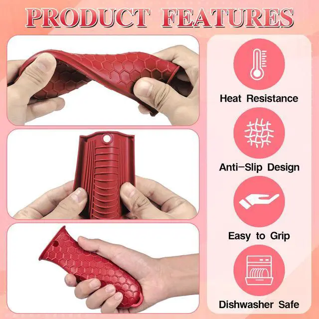 Alt view image 3 of 7 - Set of 4 Silicone Hot Handle Cover Heat Resistant Pot Grip Holder Non-Slip Pot Handle Pan Sleeve Grip Potholder for Cast Iron Skillets, Griddles, Frying Pans and Metal Cookware (Red)