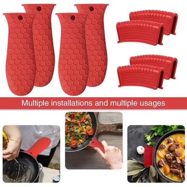 Alt view image 2 of 7 - 8 Pack Cast Iron Handle Cover, Silicone Hot Handle Holder, Assist Handle Holder, Non-Slip Pot Holder Sleeve, Pot Handle Covers Heat Resistant Potholder Cookware Silicone Cast Iron Handle Cover, Red